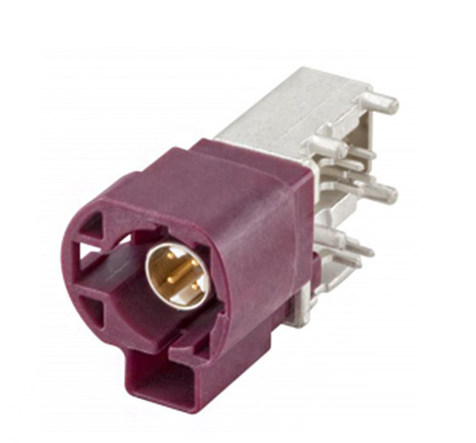 FAKRA conector masculino com solda de pin central e enrolamento de mangas de cobre; 99S20D-40MA5-BX plugue retângulo (para PCB); vermelho.